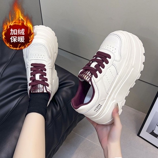 加绒板鞋女秋冬季真皮小白鞋增高显高6cm厚底小个子休闲鞋女白色
