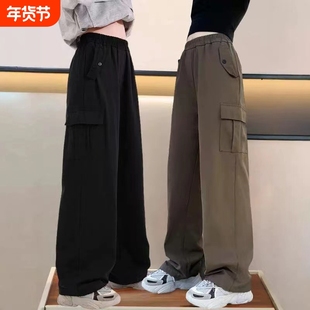 女童裤子工装裤春秋中大童初中生秋冬儿童加绒运动阔腿裤黑色紫色