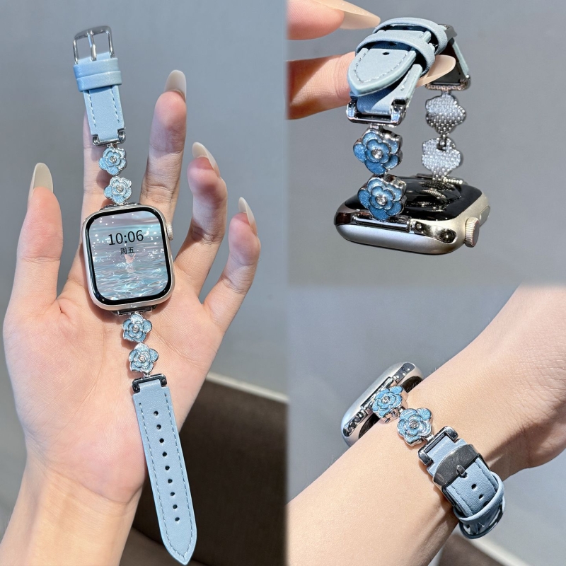 牛仔山茶花小香风手表带适用苹果手表s10/11表带9/8/7/6/5/4镶钻皮质Ultra1-3高级感se帆布S3/2/1小米pro