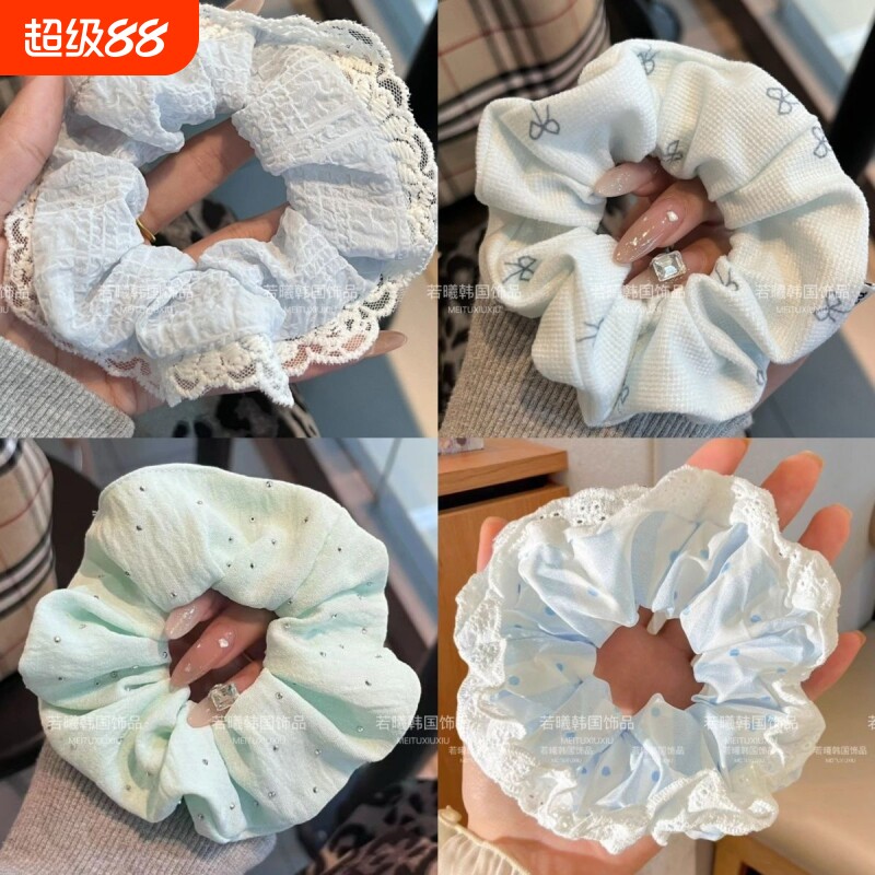 甜美蓝色系蕾丝发圈超仙少女百搭大肠发圈韩版蝴蝶结马尾扎头发饰