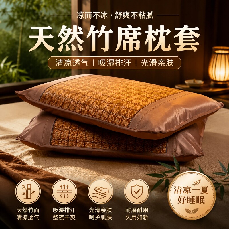 凉席枕席枕套夏凉枕头套一对装夏季夏天藤席冰丝席子成人枕芯竹席