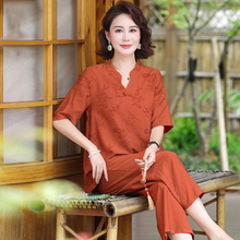 中年妈妈夏装棉麻套装国风上衣2025新款中老年人棉绸女装夏季短袖