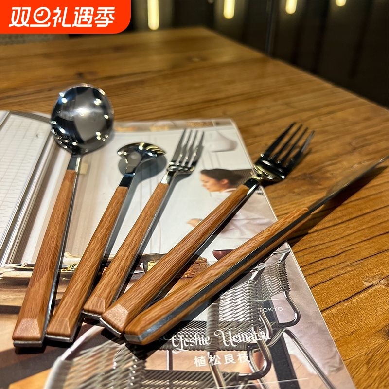 ins款仿木纹细长柄刀叉勺西餐早餐甜品勺韩风餐厅不锈钢水果叉子