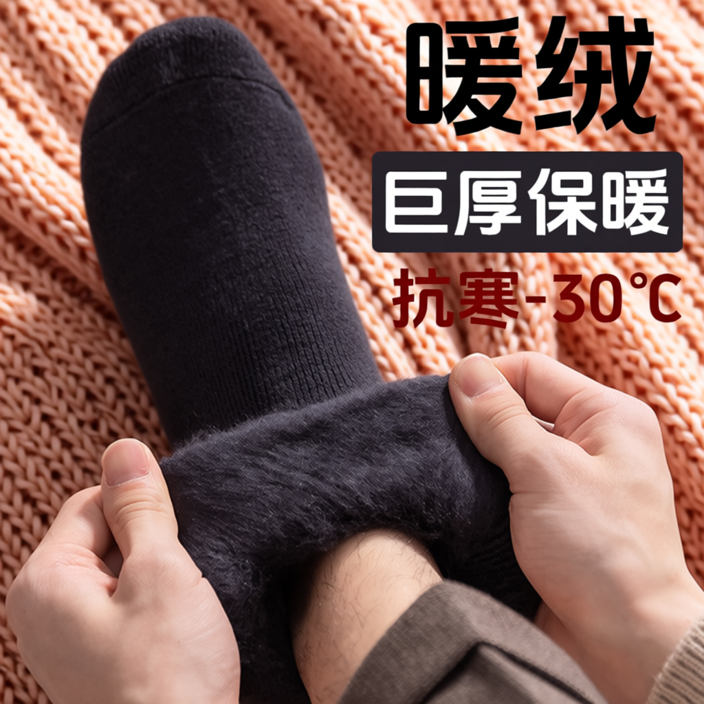羊绒袜子男秋冬季加厚中筒袜加绒男士冬天羊毛防寒保暖毛圈袜长袜