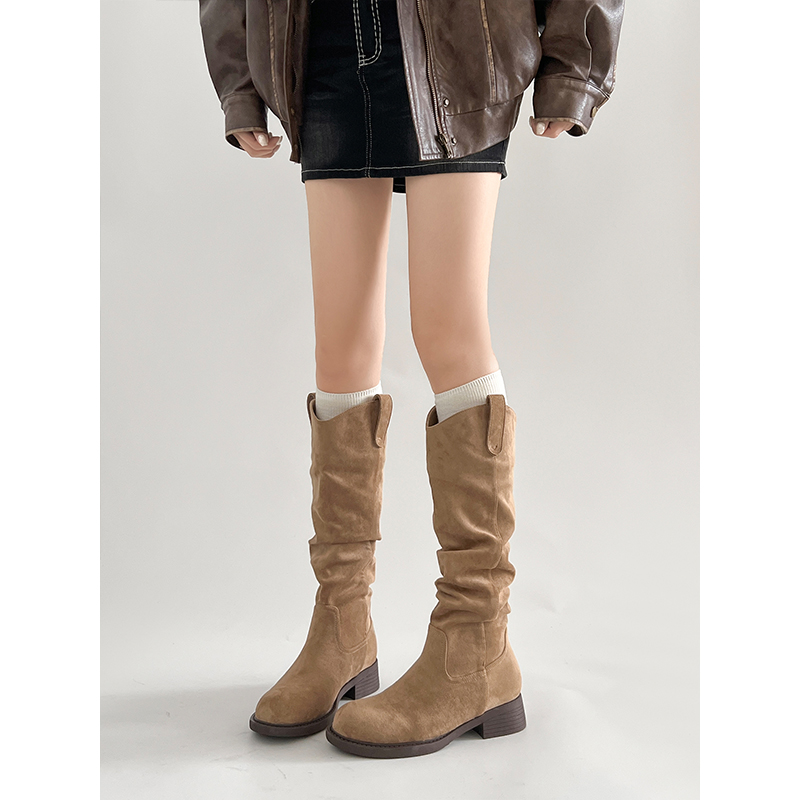 显瘦V口堆堆靴子女长筒靴2025秋冬新款美西部牛仔骑士靴高跟高筒