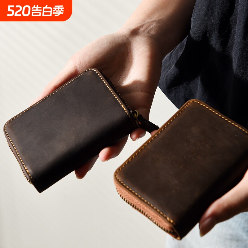 手工男士复古疯马头层牛皮拉链钱包男式短款硬币小零钱包真皮卡包