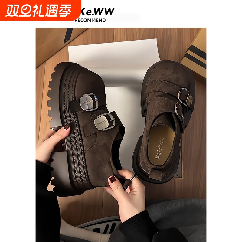 复古英伦风松糕厚底大头小皮鞋女2025春秋新款百搭棕色jk增高单鞋