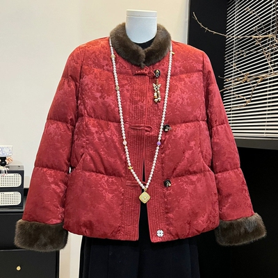 新中式妈妈羽绒棉服秋冬新款洋气盘扣保暖喜婆婆红色外套女