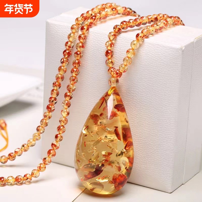 金珀利花珀水滴吊坠毛衣链仿蜜蜡花琥珀项链二代琥珀毛衣链坠手镯