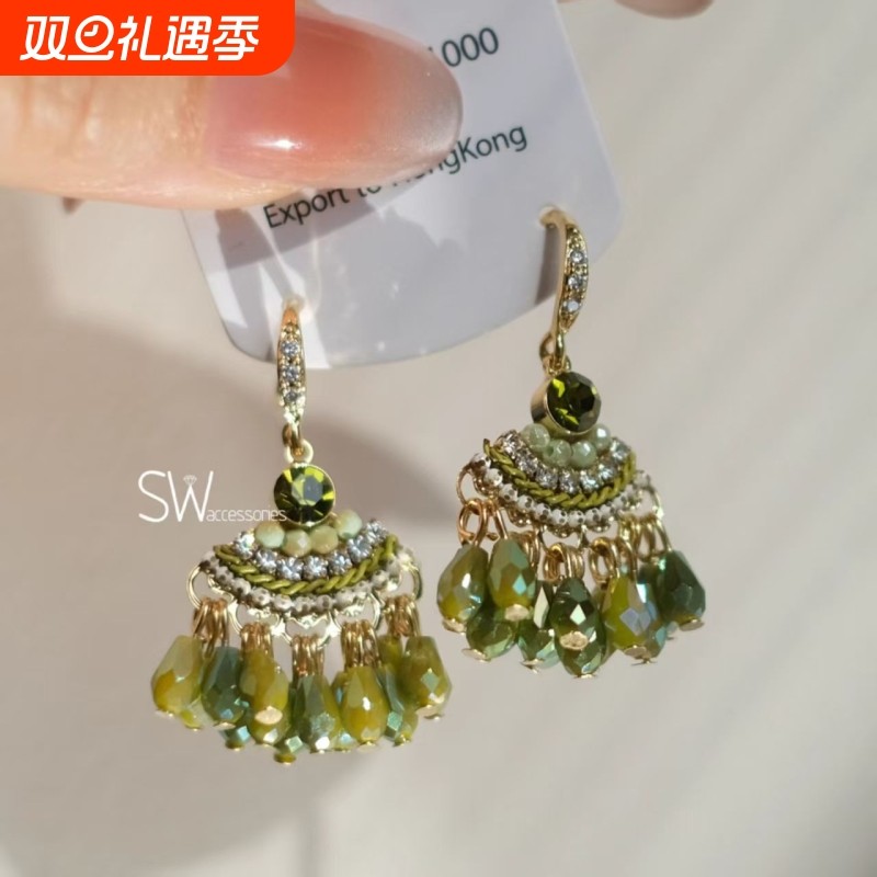 汀烟雨复古绿色流苏耳环2025新款波西米亚民族风耳饰高级感水滴