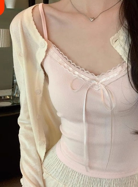 蕾丝吊带背心女蝴蝶结纯欲甜辣妹内搭打底带胸垫外穿夏季黑色粉色