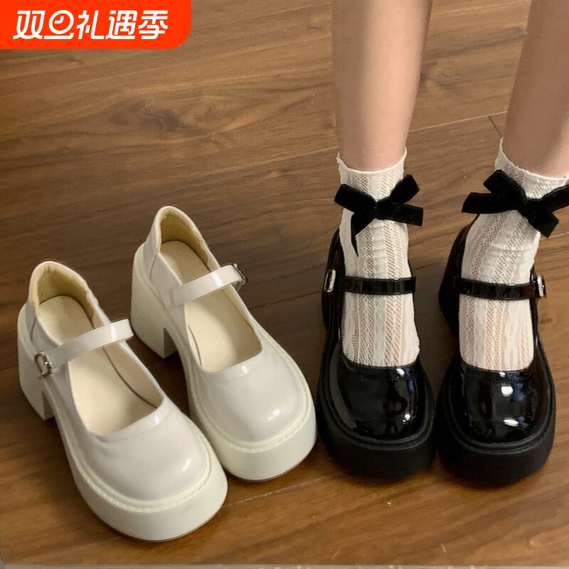 甜酷粗跟高跟小皮鞋女新款黑色