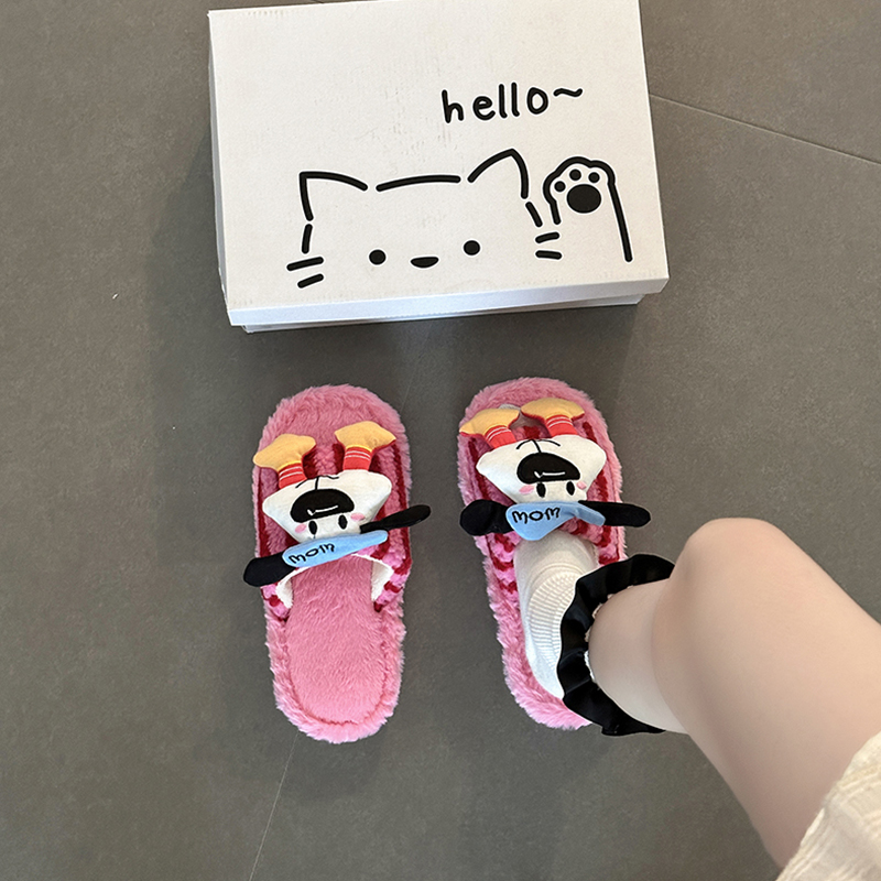 时尚动漫卡通史迪仔条纹一字毛毛拖鞋2025秋冬新款外穿棉拖鞋鞋子