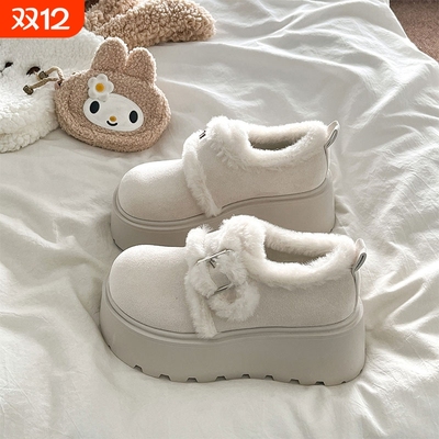 白色松糕厚底加绒保暖勃肯鞋女2025秋冬季新款增高雪地靴毛毛棉鞋