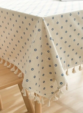 小清新蓝色雏菊流苏桌布田园棉麻餐桌布台布盖巾ins风绿色方形