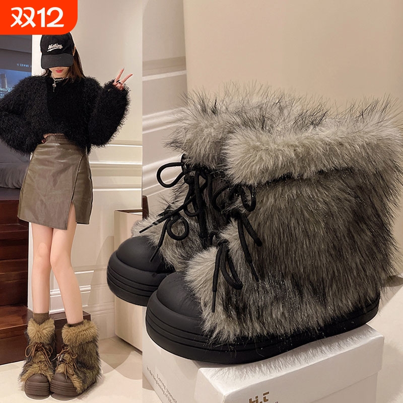 小个子厚底毛毛雪地靴女2025新款秋冬加厚毛茸茸靴子短靴保暖棉鞋