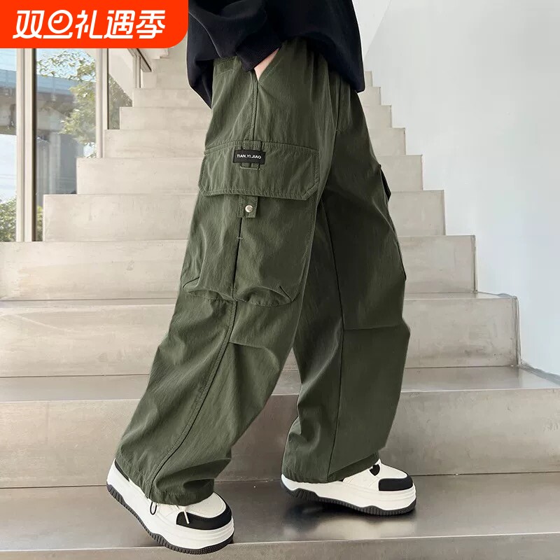 儿童运动春秋新款季工装黑色男童裤子休闲胖孩薄阔腿中大童夏防蚊