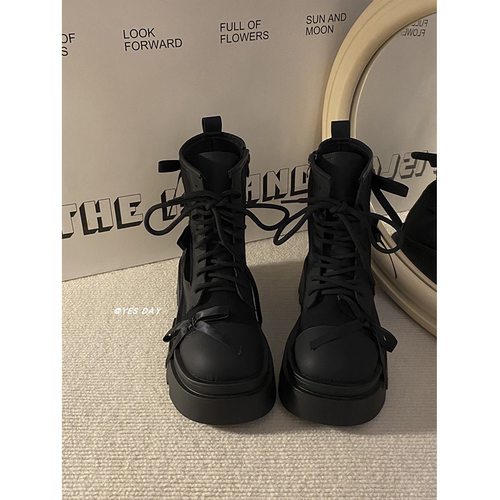 YesDay小众百搭厚底马丁靴女2025秋季新款蝴蝶结短靴高跟粗跟圆头