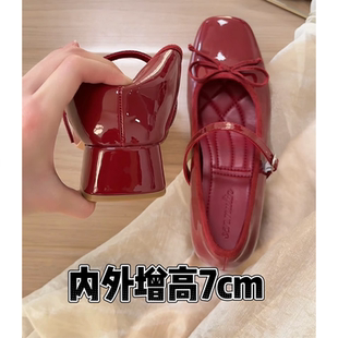 女方头浅口 粗跟芭蕾单鞋 内增高7CM真皮红色高跟玛丽珍鞋 女新款