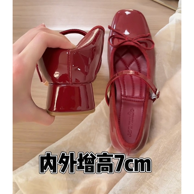 内增高7CM真皮红色高跟玛丽珍鞋女新款粗跟芭蕾单鞋女方头浅口
