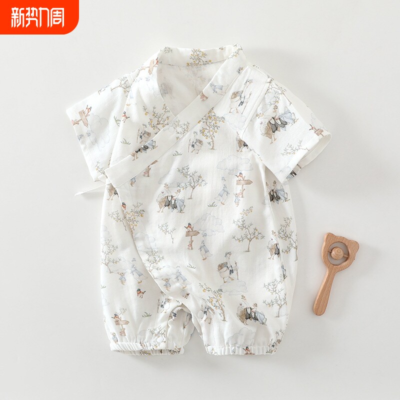 婴儿夏季薄款连体衣短袖新生儿竹纤维爬服和尚服宝宝夏装纱布母婴