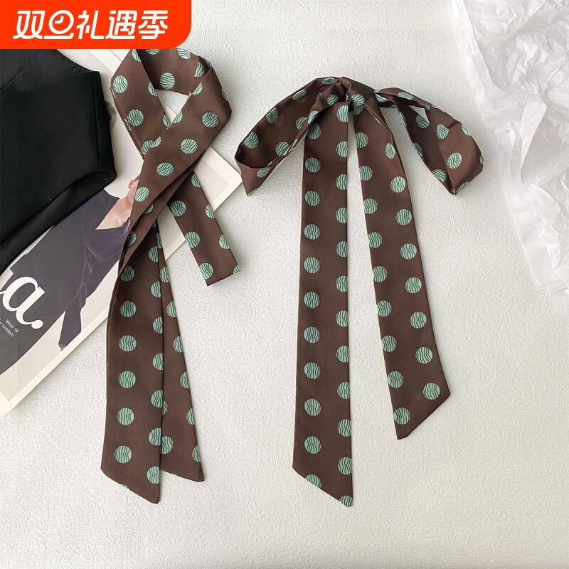 复古咖色波点丝巾长条韩国ins细窄飘带辣妹绑包小领巾女发带冬季