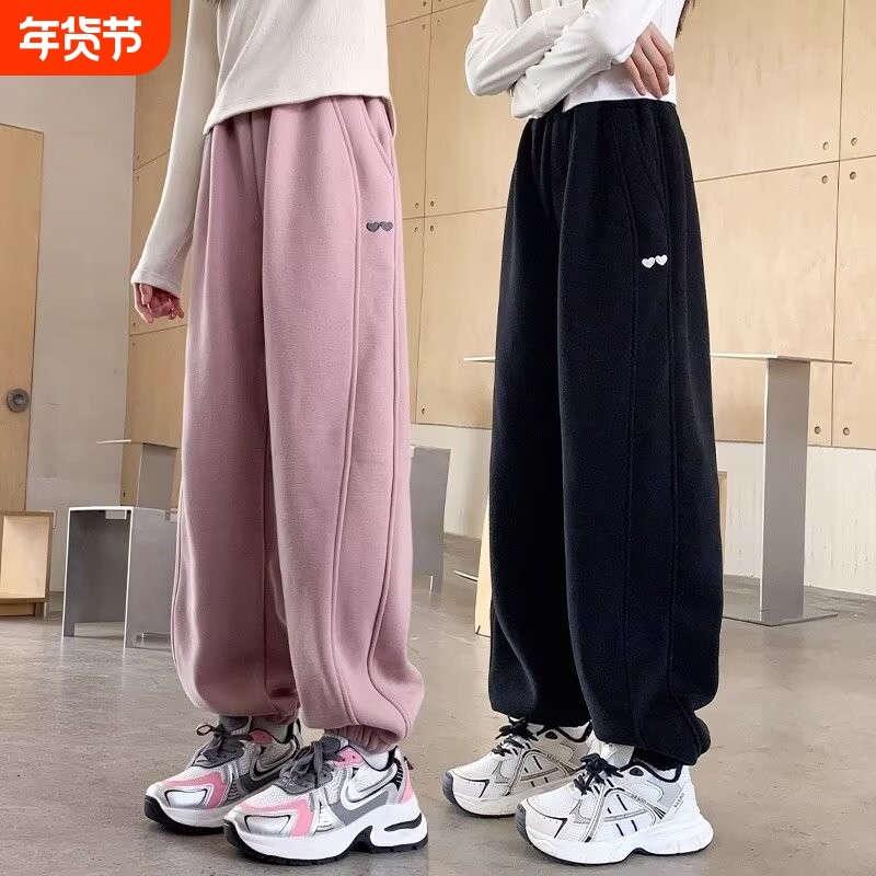 女童裤子春秋季新款儿童运动卫裤黑色中大童长裤粉色胖孩秋冬加绒