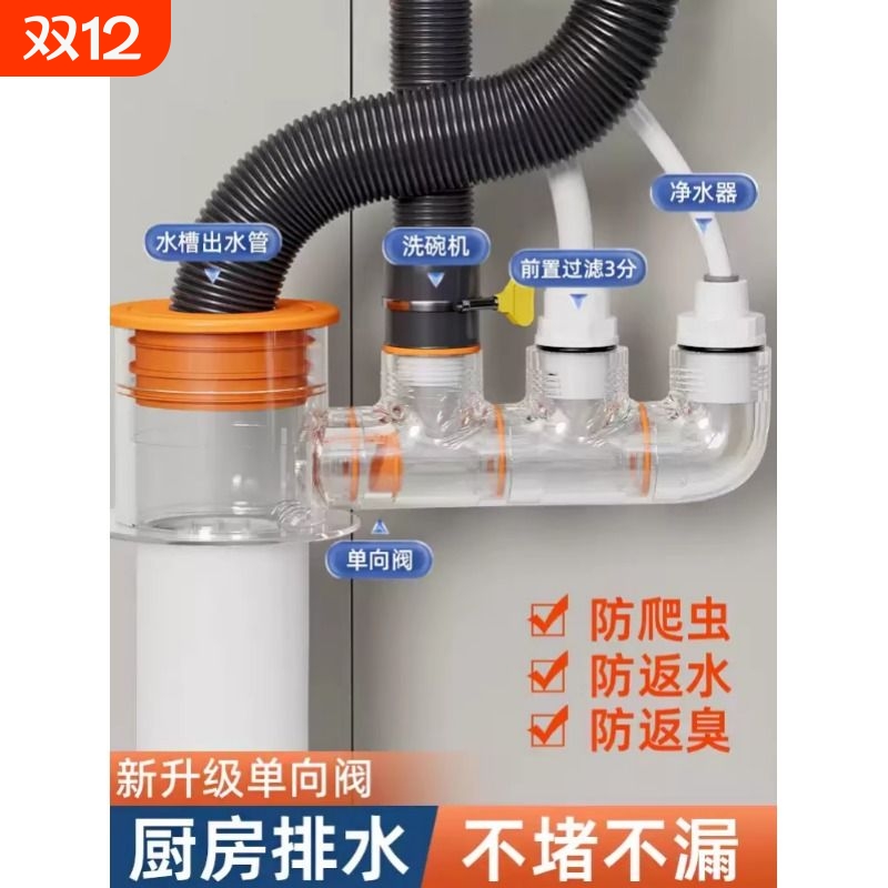 厨房下水管净水器三通接头水槽洗菜盆洗碗机排水管三通头防臭神器