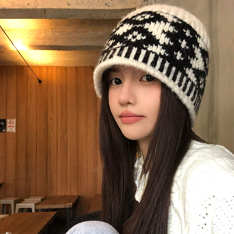 复古拼色菱形格子针织毛线帽女2024年秋冬显脸小包头冷帽保暖帽子