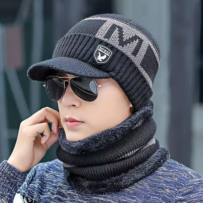 帽子男冬季保暖加厚时尚针织毛线帽冬天男士棉帽防寒围脖护耳冬帽