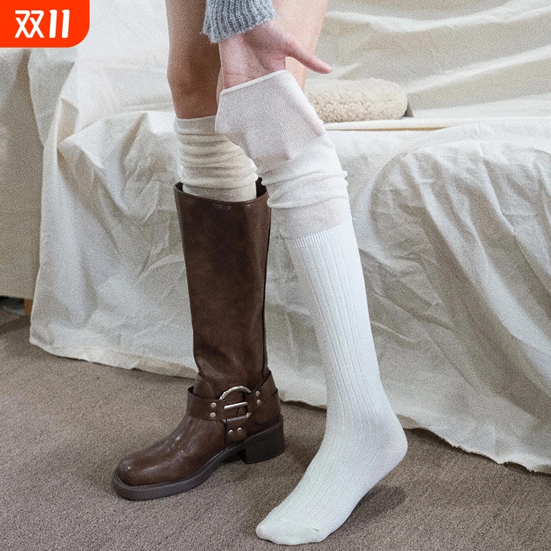 配靴子的袜子女长筒过膝袜白色春秋纯棉堆堆美拉德秋冬长靴jk长袜