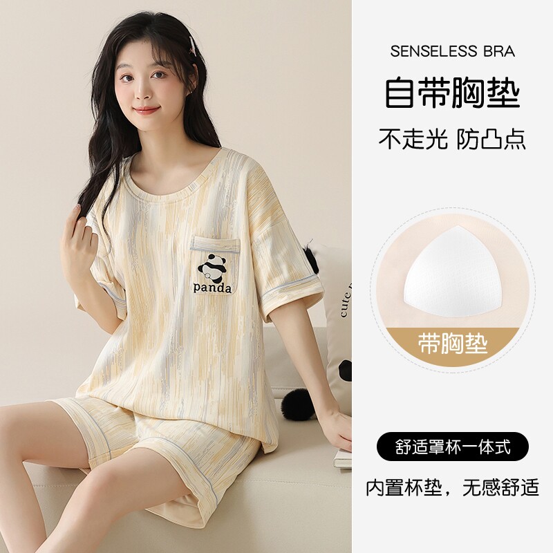 带胸垫睡衣女款夏季短袖短裤2026新款免穿内衣夏天薄款家居服套装