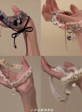 千金小香 毛绒绒灰色蝴蝶结双层项链锁骨链甜酷风秋冬本命choker