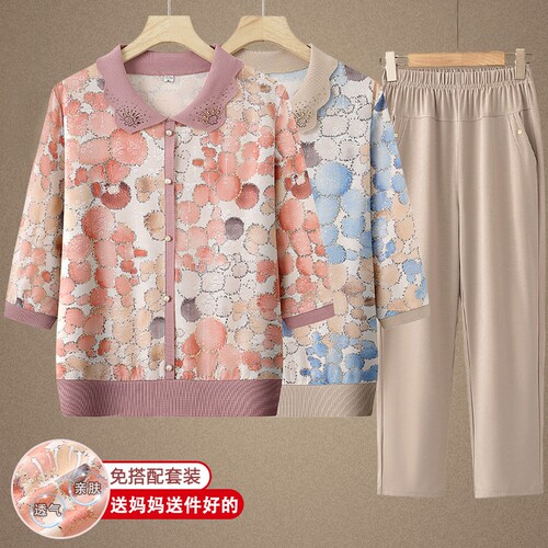 妈妈夏装T恤套装中老年春秋衣服
