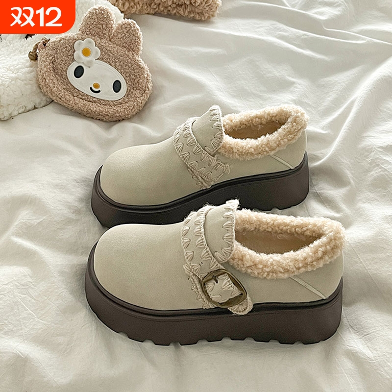 米色松糕厚底增高勃肯鞋女2025新款秋冬季加绒保暖毛毛棉鞋单鞋子