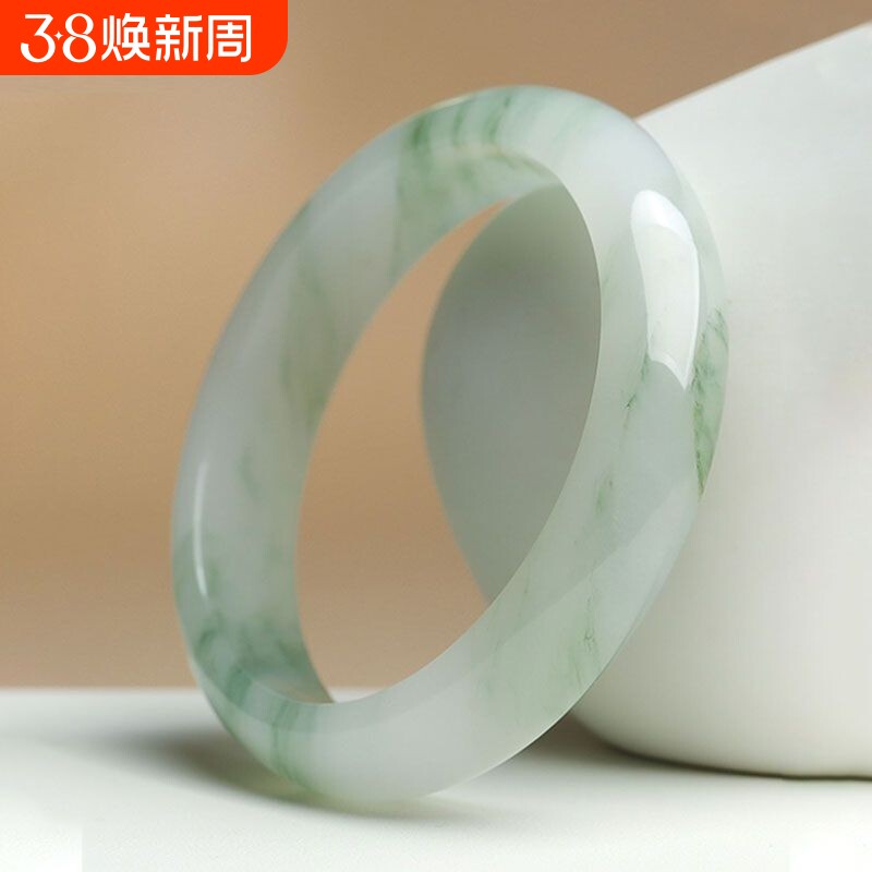 天然新疆天山翠雪翠飘花玉手镯女手镯正品玉石镯珠宝圈口圆条真玉