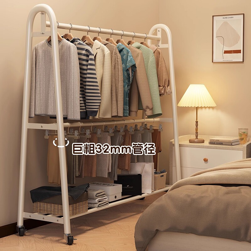 简易家用落地晾衣架服装展示架可移动带轮室内卧室挂衣架加粗加厚