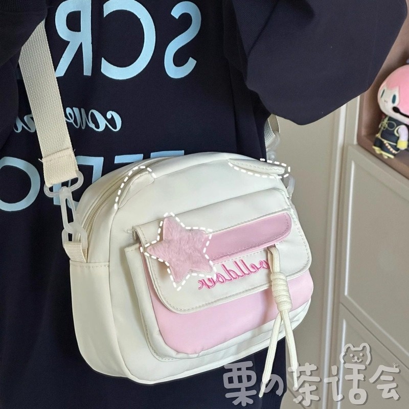 日系青春少女风学生休闲包软质小包包可折叠单肩斜挎百搭蓝色粉色