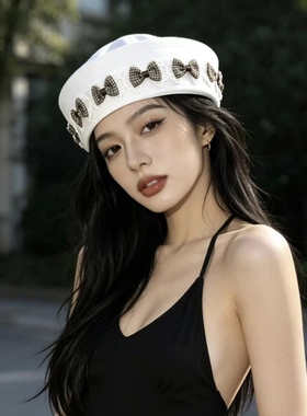 蝴蝶结水手帽白色海军帽女