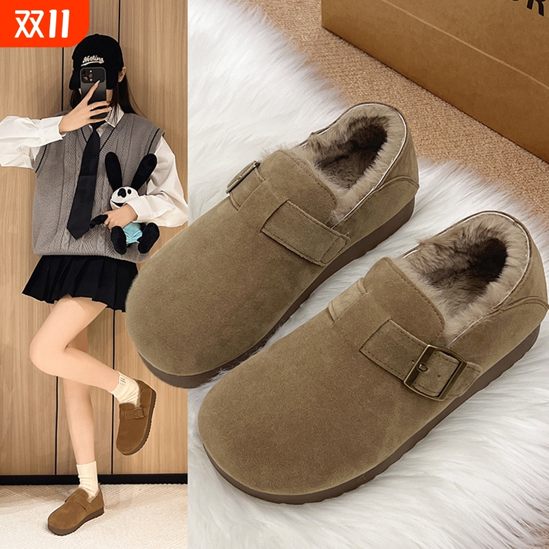 加绒全包勃肯鞋女春秋季2025新款一脚蹬豆豆单鞋毛毛鞋雪地靴防滑