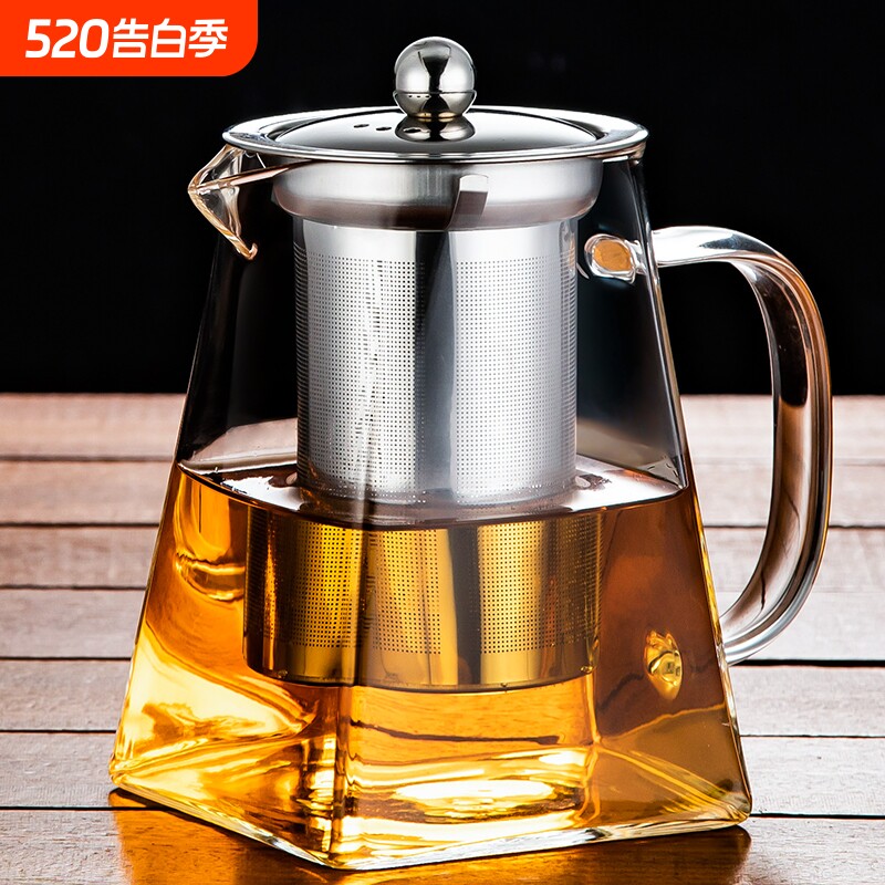 玻璃泡茶壶家用花茶水壶耐高温加厚耐热过滤水壶煮茶壶四方冲茶壶