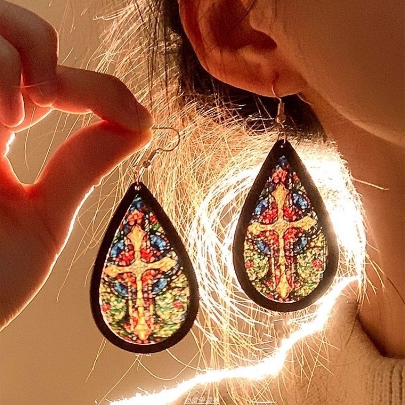 复古彩色窗花气质耳环水滴形小众耳饰女轻奢高级感显脸小波西米亚