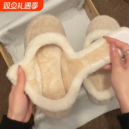 ~加绒平底棉鞋女冬季外穿厚绒全包单鞋小香风一脚蹬毛毛鞋圆头