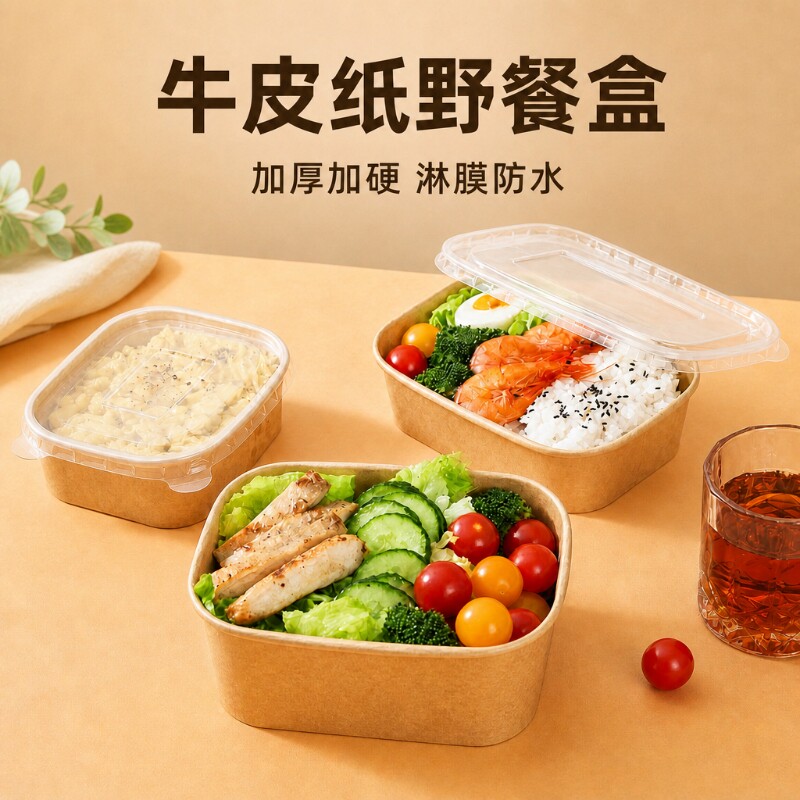 一次性牛皮纸餐盒野餐露营打包盒图片