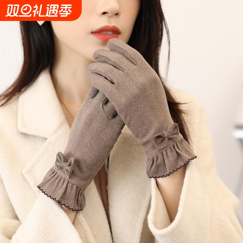 手套冬天女春秋款德绒薄绒棉弹力骑车保暖加绒防寒触屏电动车黑色