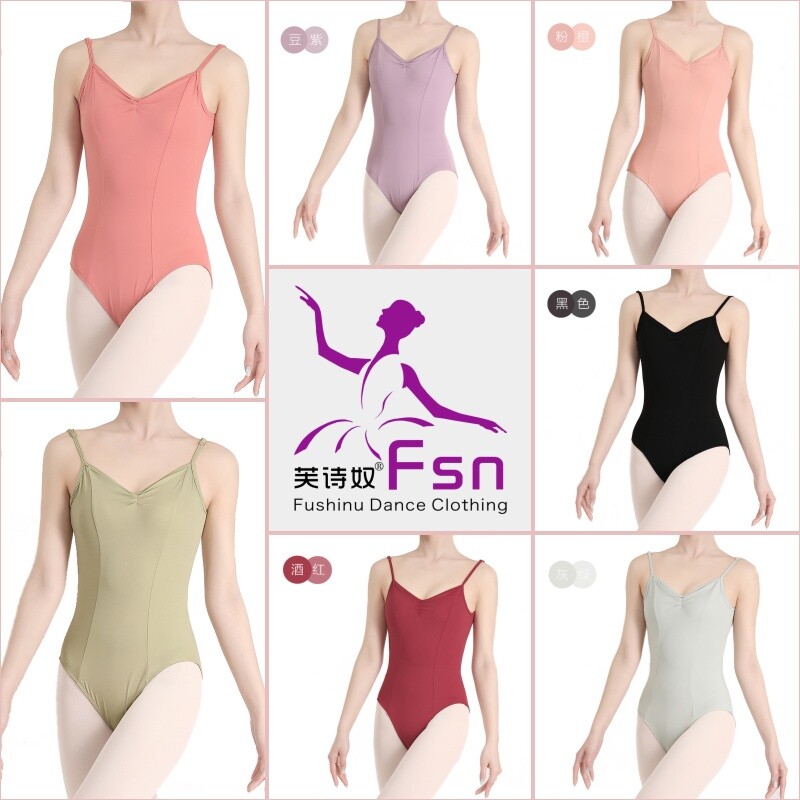 芭蕾舞蹈服形体服吊带练功连体服艺考高胯v领设计体服体操服黑色