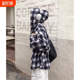 秋冬运动穿搭落肩衬衣新年黑色 外套男女同款 磨毛连帽格子长袖 衬衫