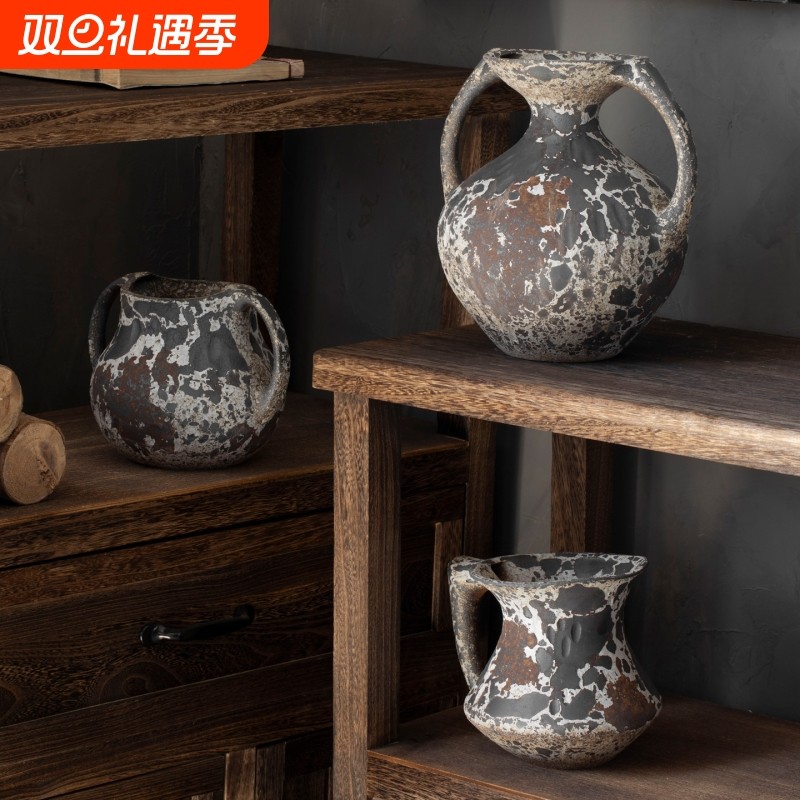 景德镇侘寂风陶瓷花瓶斑驳复古粗陶罐客厅样板间桌面插干花装饰品