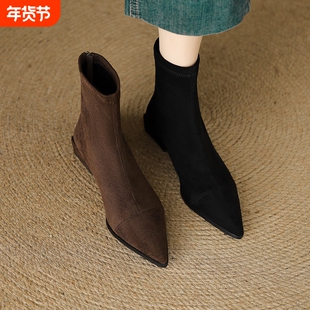 娇文希弹力瘦瘦靴女2026新款春秋显瘦后拉链裸靴平底法式尖头短靴