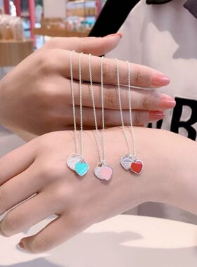 全新高定品质 s925银桃心形项坠女网红珐琅双爱心蓝色心项链粉色